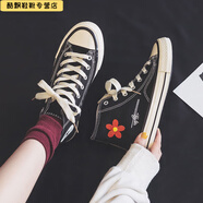 麥潮尚高幫帆布鞋女春秋韓版ulzzang潮原宿復古百搭學生板鞋子 刺繡小紅花-高幫-黑色 35
