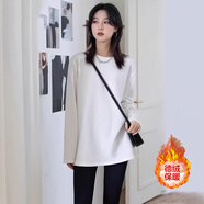 雅鹿加厚圓領(lǐng)中長(cháng)款寬松長(cháng)袖t恤女秋冬新款德絨保暖大碼疊穿打底上衣 白色 M （建議85-105斤）