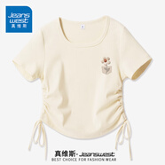 真維斯（JEANSWEST）正肩女t恤2025夏季新款美式抽繩短款修身顯瘦短袖夏日多巴胺上衣 米色 毛絨花口袋_K S