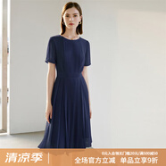 顏域（YANYEE）短袖百褶連衣裙2024夏天新款女裝氣質(zhì)女神范收腰顯瘦氣質(zhì)a字裙 深藍(lán) S/36