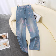 La Chapelle拉夏貝爾淺藍色刺繡直筒牛仔褲女夏季2025新款爆款紋花窄版闊腿褲 藍色 L 110-120