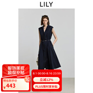 LILY2025夏新款女裝海軍風(fēng)駁領(lǐng)無袖收腰休閑氣質(zhì)通勤藏青色連衣裙 411藏青 M