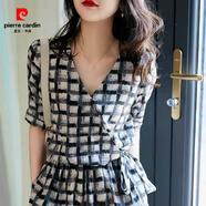 皮爾卡丹（pierre cardin）夏季新款歐洲站連體衣女裝氣質(zhì)連身闊腿V領(lǐng)水墨格紋連體短褲套裝 藍(lán)色 S