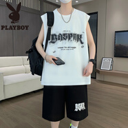 花花公子（PLAYBOY）13青少年夏季運動套裝12-15歲男孩14初高中學生無袖t恤16大童背心 8862白色(背心+短褲) 品質(zhì)保證 2XL 145-160斤左右