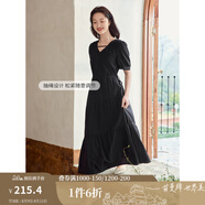 茵曼（INMAN）法式薄荷曼波連衣裙2024夏女裝新品V領(lǐng)燈籠袖抽繩 午夜黑 S