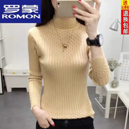 羅蒙（ROMON）荷葉邊毛衣女套頭半高領(lǐng)針織衫秋冬季修身緊身百搭長(zhǎng)袖打底衫女 卡其色 S