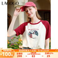 lagogo卡通印花撞色T恤女拉谷谷春季新款純棉透氣插肩短袖上衣 米紅(TH) S
