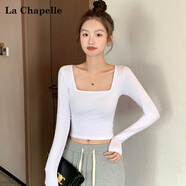 拉夏貝爾春秋新款優(yōu)質(zhì)棉方領(lǐng)露肚臍修身長(cháng)袖T女上衣內搭打底衫 白色 M