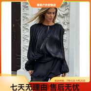 無（booroola）跨境雪紡長袖連衣裙歐美2025夏季新款燈籠袖系帶短裙荷葉邊連衣裙 黑色 S