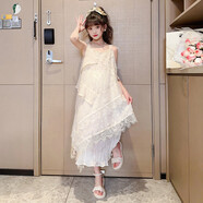 女童連衣裙2025新款夏裝大童女孩吊帶裙夏季走秀長裙海邊潮酷穿搭 米白色【高品質(zhì)】 150