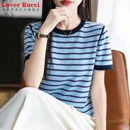 LOVER RUCCI100%純棉針織短袖T恤女圓領(lǐng)條紋撞色上衣寬松休閑百搭半袖打底衫 藍色條紋 M