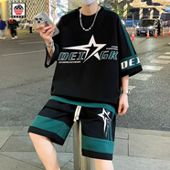 AEMAPE落肩袖寬松t恤短袖男套裝夏季五分半袖男青少年休閑運(yùn)動(dòng)兩件套T恤 1817黑色套裝 XL (約120~140斤可穿)
