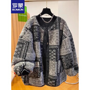 羅蒙（ROMON）復(fù)古高級(jí)感仿羊羔毛絨外套女2025秋冬季寬松遮肉長(zhǎng)袖上衣女裝外套 黑灰色 L -100-115斤