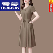 羅蒙（ROMON）25年夏季新款洋氣真絲連衣裙短袖收腰氣質(zhì)純色顯瘦媽媽高檔裙子潮 卡其 2XL 100-115斤