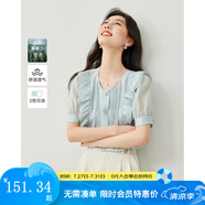 梵希蔓2025年夏季新款圓領荷葉邊壓褶短袖萊賽爾襯衫高級感小上衣 M6812 淺藍色 M