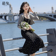 慕兔法式碎花連衣裙森女2025春季新款灰色針織開(kāi)衫修身吊帶裙兩件套裝 灰色開(kāi)衫+黑色連衣裙 L