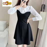 初徑早春新款大碼女裝娃娃領(lǐng)蕾絲拼接微胖mm感法式收腰連衣裙 黑色 S 建議85-95斤
