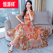 恒源祥含棉連衣裙冰絲雪紡長(zhǎng)裙時(shí)尚赫本風(fēng)夏季新款收腰顯瘦仙女甜美碎花 短.袖桔紅色 M 【建議80-100斤】