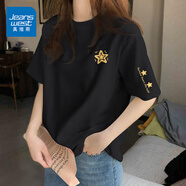 真維斯（Jeanswest）純棉短袖女夏季2025新款休閑百搭半袖體恤衫女士潮流t恤女上衣服 黑色 格紋幸運星_K-格紋幸運星袖 2XL