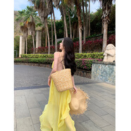 冉藝嵐同款三亞拍照絕美海邊度假多巴胺寬松掛脖連衣裙氛圍感露背小眾沙 黃色 L