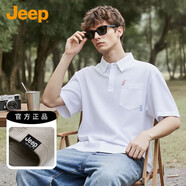 JEEP吉普純色冰絲短袖Polo衫男款夏季2025新款男裝寬松翻領T恤男 白色 【官方】 M 建議 95-115斤