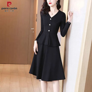 皮爾卡丹（PIERRE CARDIN）假兩件連衣裙女2025新款春秋大碼高端收腰顯瘦黑色氣質洋氣小黑裙 【1013#】黑色 L 【建議115斤內】