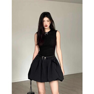 凰巣法式小眾黑色無(wú)袖連衣裙子女夏季小個(gè)子氣質(zhì)短裙高級感收腰花苞裙 黑色L (優(yōu)質(zhì)款送皮帶)