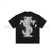 ST&SATSTK SMALL TOWN KID 國潮美式復(fù)古飛燕手繪字母印花寬松短袖T恤 黑色 純棉T恤 M
