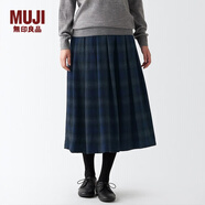 無印良品 MUJI 女式 羊毛混 抽褶裙 半身長裙秋冬季 百褶裙 BEK44A2A 藏青色格紋 S