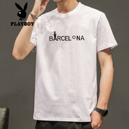 花花公子（PLAYBOY）短袖T恤男夏季2025新款圓領(lǐng)體恤衫時(shí)尚短款潮流百搭休閑上衣服男t 短袖 BA 白 M