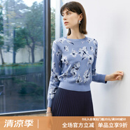 顏域碎花長袖針織衫女裝2024新款春季通勤氣質(zhì)打底衫短款圓領(lǐng)上衣 藍(lán)色 L