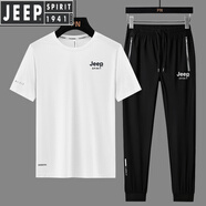 JEEP SPIRIT吉普 運(yùn)動(dòng)套裝男短袖T恤夏季冰絲薄款速干長(zhǎng)褲跑步寬松大碼兩件套 白色-兩件套-束腳 XL