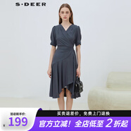 S.DEER圣迪奧女裝OL風V領(lǐng)收腰拼接不規(guī)則連衣裙S223Z121B 藍灰/04 S 160