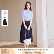 香影v領薄款針織衫女短袖2025夏裝新款藍色正肩t恤提花蝴蝶結上衣 套裝3 藍色短袖+半身裙套裝 S 155/80A/85-95斤