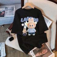 一寸相思拉布布聯(lián)名白色短袖t恤女2025新款爆款夏季寬松大碼體恤純棉上衣 黑色-卡通labubu M (100-110斤）