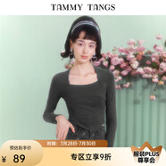 糖力【商場(chǎng)同款】春秋季新款長(zhǎng)袖方領(lǐng)T恤女短款顯瘦打底衫上衣 灰色 S