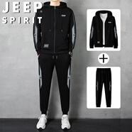 JEEP SPIRIT吉普套裝男春秋季夾克長(cháng)褲兩件套開(kāi)衫茄克運動(dòng)連帽 黑灰 XL