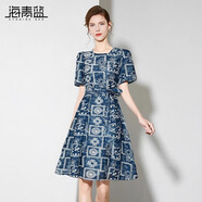 海青藍(lán)女裝裙子2025年新款夏季設(shè)計(jì)感印花時(shí)尚氣質(zhì)中長(zhǎng)款連衣裙 花色 XL