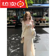 溫柔顯瘦蕾絲網(wǎng)紗花朵拼接連衣裙 【套裝】吊帶裙+鏤空外套 M