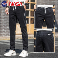NASA BASE牛仔褲男春夏季新款修身彈力顯瘦直筒褲男士青年潮牌百搭褲子男 黑色 XL 建議【115-140斤】