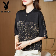 花花公子（PLAYBOY）重磅香云紗真絲綢緞桑蠶絲襯衫女2025夏新款短袖印t恤花上衣小衫 小花朵 2XL