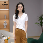 阿瑪施（AMASS）女裝新款上衣夏裝休閑百搭透氣基本款T恤衫時(shí)尚簡(jiǎn)約5301025-1 V領(lǐng)-白色 L (4碼)