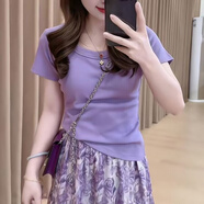 皮爾卡丹（pierre cardin）夏季新款圓領(lǐng)短袖紫色薄款氣質(zhì)減齡印花碎花清新半身裙套裝 紫色單件上衣 2XL 130-140