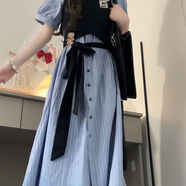 Polo領(lǐng)條紋連衣裙少女夏季13-15歲高初中生12大童法式襯衫連衣裙 湖藍色學(xué)院風(fēng)假兩件【現(xiàn)貨當(dāng)天發(fā)】 10XL 110XL 建議 110-125斤