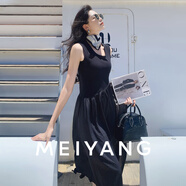 美洋（MEIYANG）驚鴻舞連衣裙輕飄軟綿圓領無袖針織上衣拼接A字傘裙時尚氣質長裙 黑色（短版） S