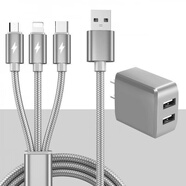華為（HUAWEI）適用三合一充電器線(xiàn)快充一拖三數(shù)據(jù)線(xiàn)套裝帶插頭雙口usb充電線(xiàn)多 套裝--極光銀【一拖三數(shù)據(jù)線(xiàn)+雙USB口充電器】 1.2m
