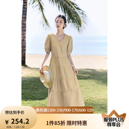 茵曼（INMAN）純棉法式氣質(zhì)連衣裙女裝2025夏季新品顯瘦V領(lǐng)泡泡袖A字長裙子 卡其色 M