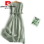 皮爾卡丹（pierre cardin）意大利高端品牌余單女風(fēng)琴褶苧麻仙女裙大擺棉亞麻連衣裙 綠色(少量現(xiàn)貨)今年流行的輕奢品 M 【建議90-110斤】