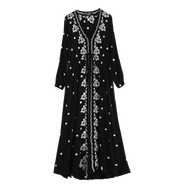 云薔波西米亞風(fēng)格連衣裙民族風(fēng) 沙灘裙民族風(fēng)碎花刺繡連衣裙波西米亞 黑色/棉麻 黑白繡花 S 送抹胸