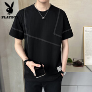 花花公子（PLAYBOY）短袖T恤男裝冰感絲光棉夏季2025新款潮牌刺繡半袖體恤男純棉上衣 星際黑 XL